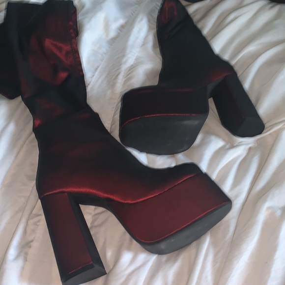 DollsKill Rare Know My Worth Platform Boots Current Mood Red Mesh Thigh High - Picture 8 of 10